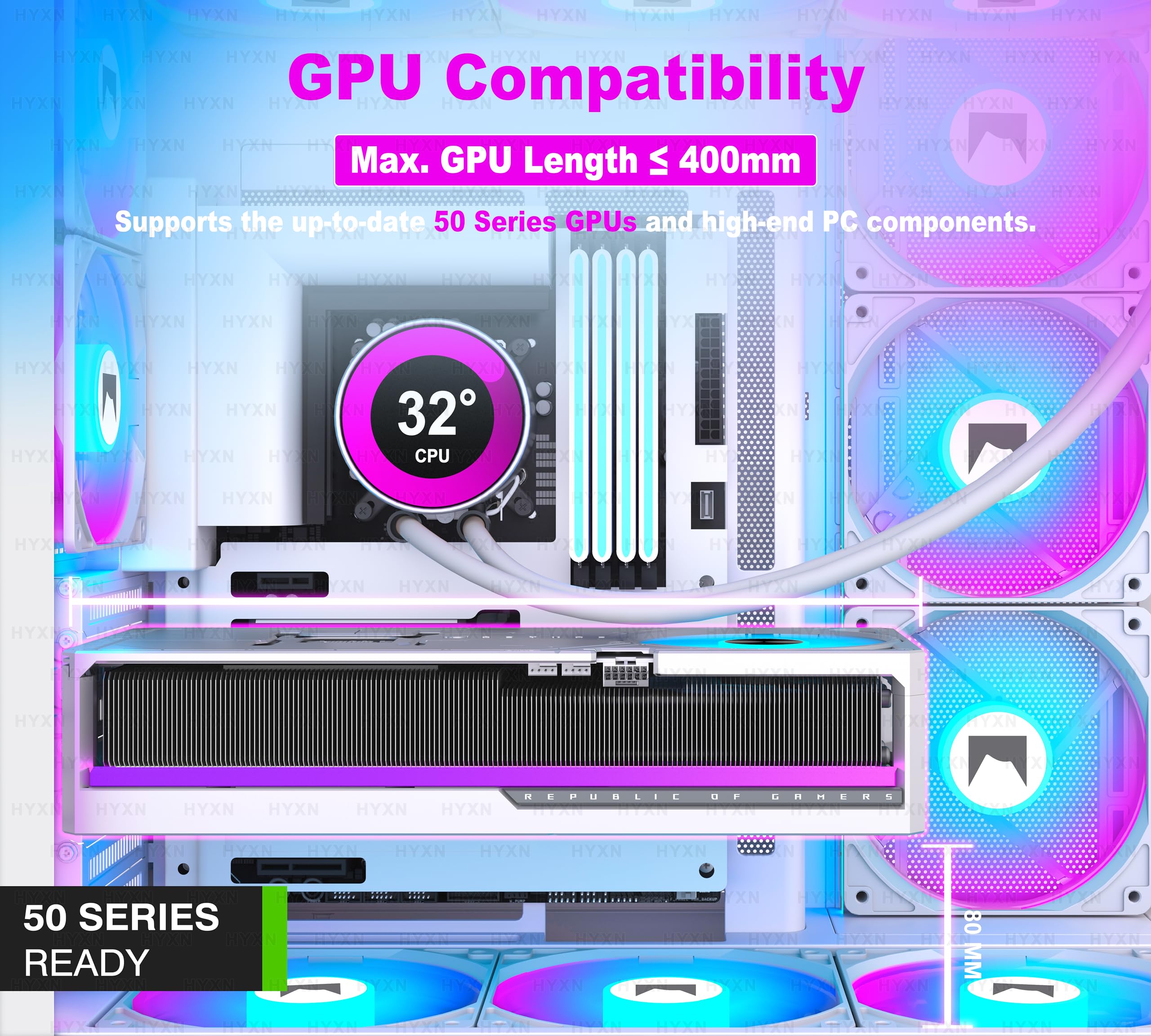 H2(2026)HYXN Boitier PC–Avec 8 Ventilateurs PWM RGB(6x140mm et 2x120mm)Grand boîtier PC ATX Mid-Tower à Double Chambre pour Flux d'air,prise en charge d'un Radiateur de 420mm,Type-C 3.2(Blanc,H2-ARGB)