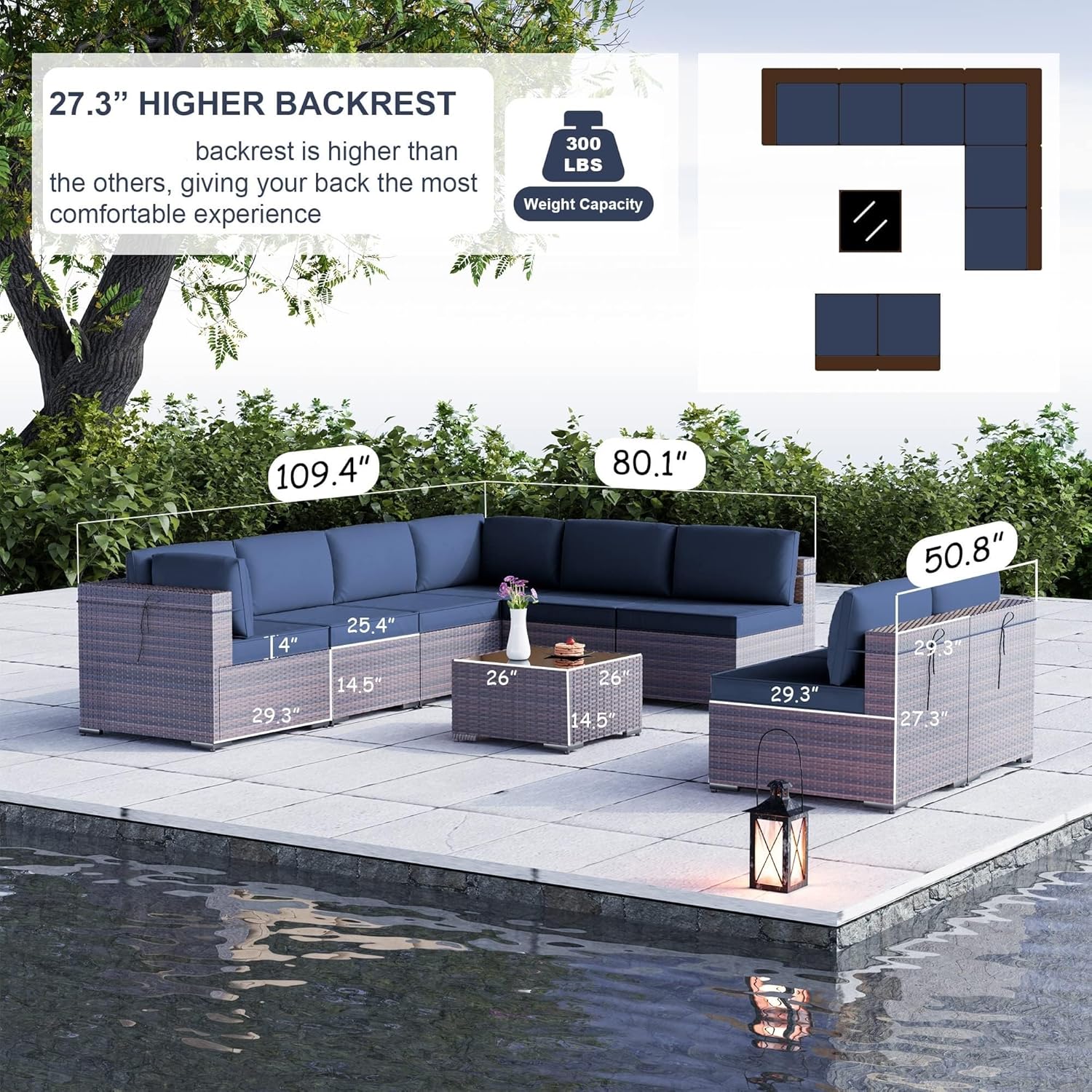 9 Pieces Outdoor Patio Furniture Set PE Wicker Rattan Sectional Sofa Patio Conversation Sets with Thickened Cushion for Backyard Porch Balcony Poolside Garden(Red)