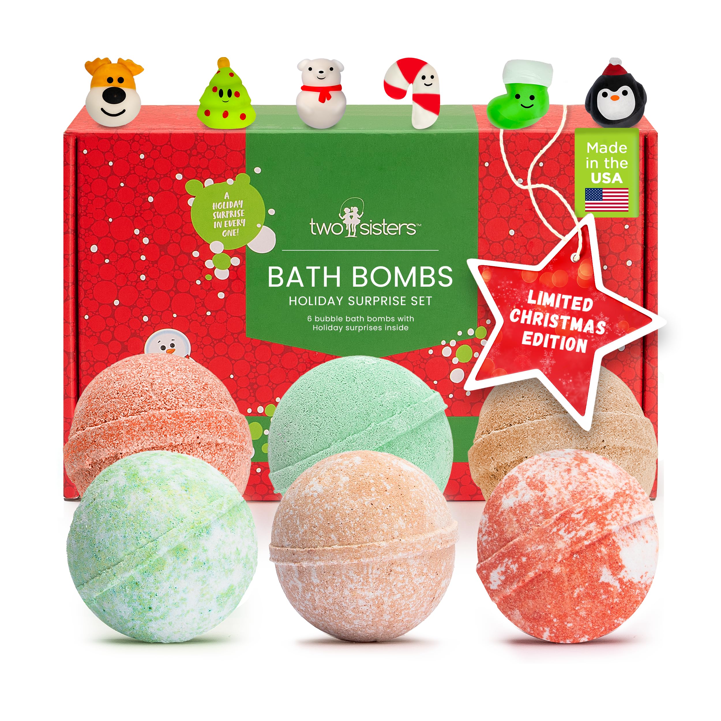 Christmas Bath Bombs with Surprise Toys, Cheerful Holiday Scents, USA Made, Safe for Kids, Won't Stain Tub, 6 Holiday Bubble Baths by Two Sisters
