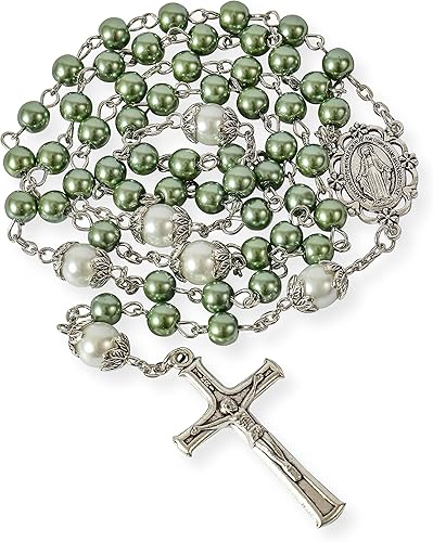 Miniatura 2 de Nazareth Store - Collar de cuentas de perlas rosario blanco Padre Nuestro con medalla de Lourdes y crucifijo de cruz devoción espiritual