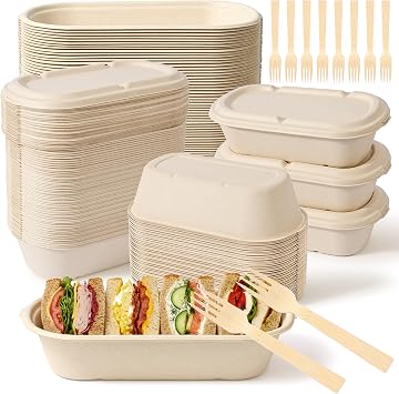 50-Pack 35oz Disposable Meal Prep Containers with Lids, Sugarcane Pulp Compostable Food Containers + 50 Bamboo Forks, To-Go Food Containers, Microwave & Freezer Safe for Hot or Cold Foods