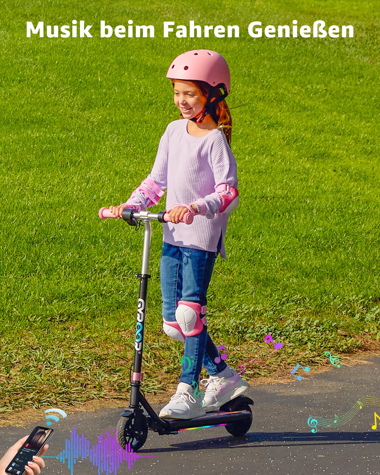 Gyroor Patinete eléctrico para niños de 6 a 12 años, Motor de 150 W, para niños, 10/13/16 km/h, Pantalla Digital LED, música y Scooter para niños, Luces arcoíris, 3 Alturas Ajustables