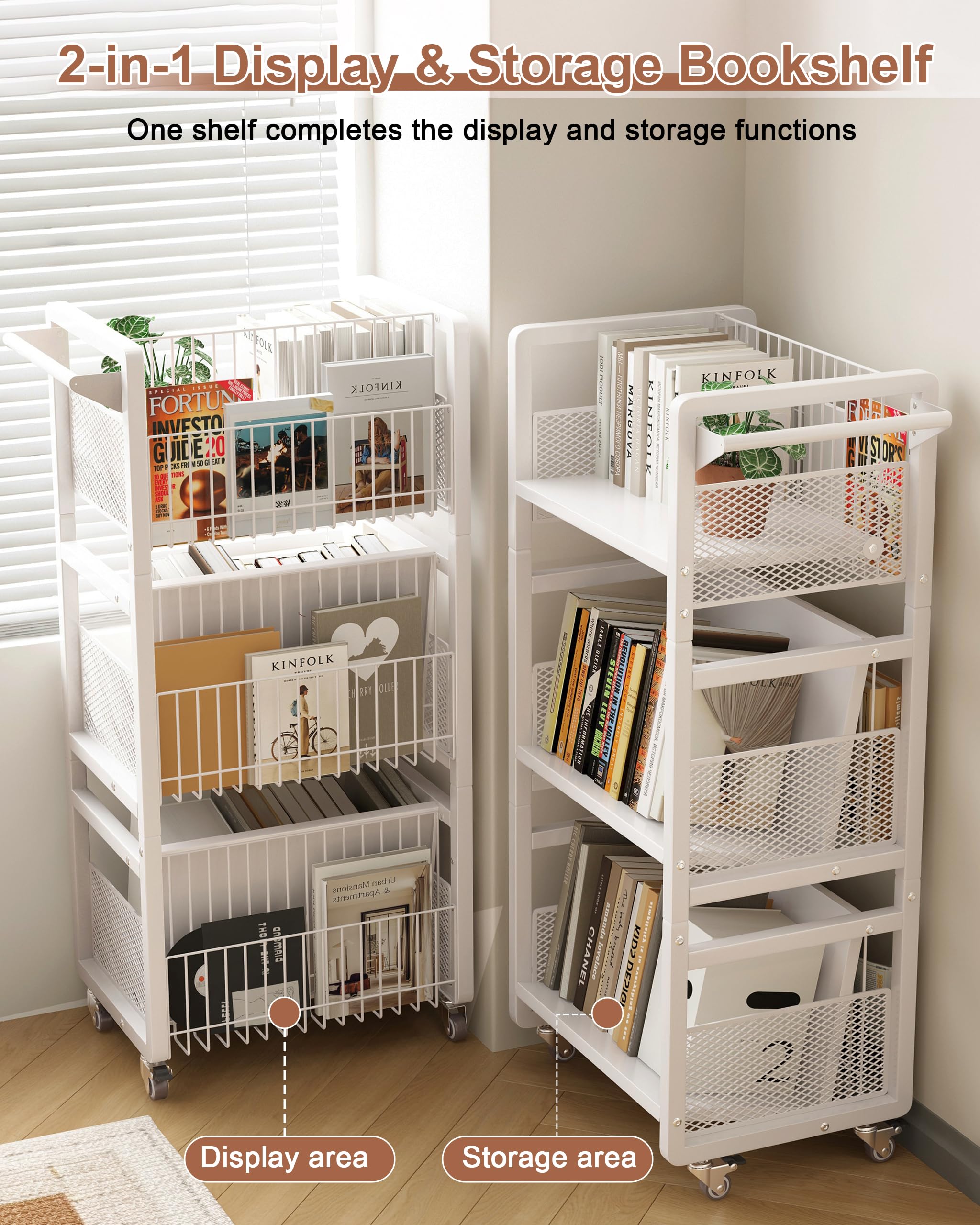 3 Niveles Librería con Ruedas, Estantería Metálica Móvil, Oorganizar y Transportar Libros Carrito Versátil, Adecuada para la Escuela,Estudio,Sala de Estar, Blanca