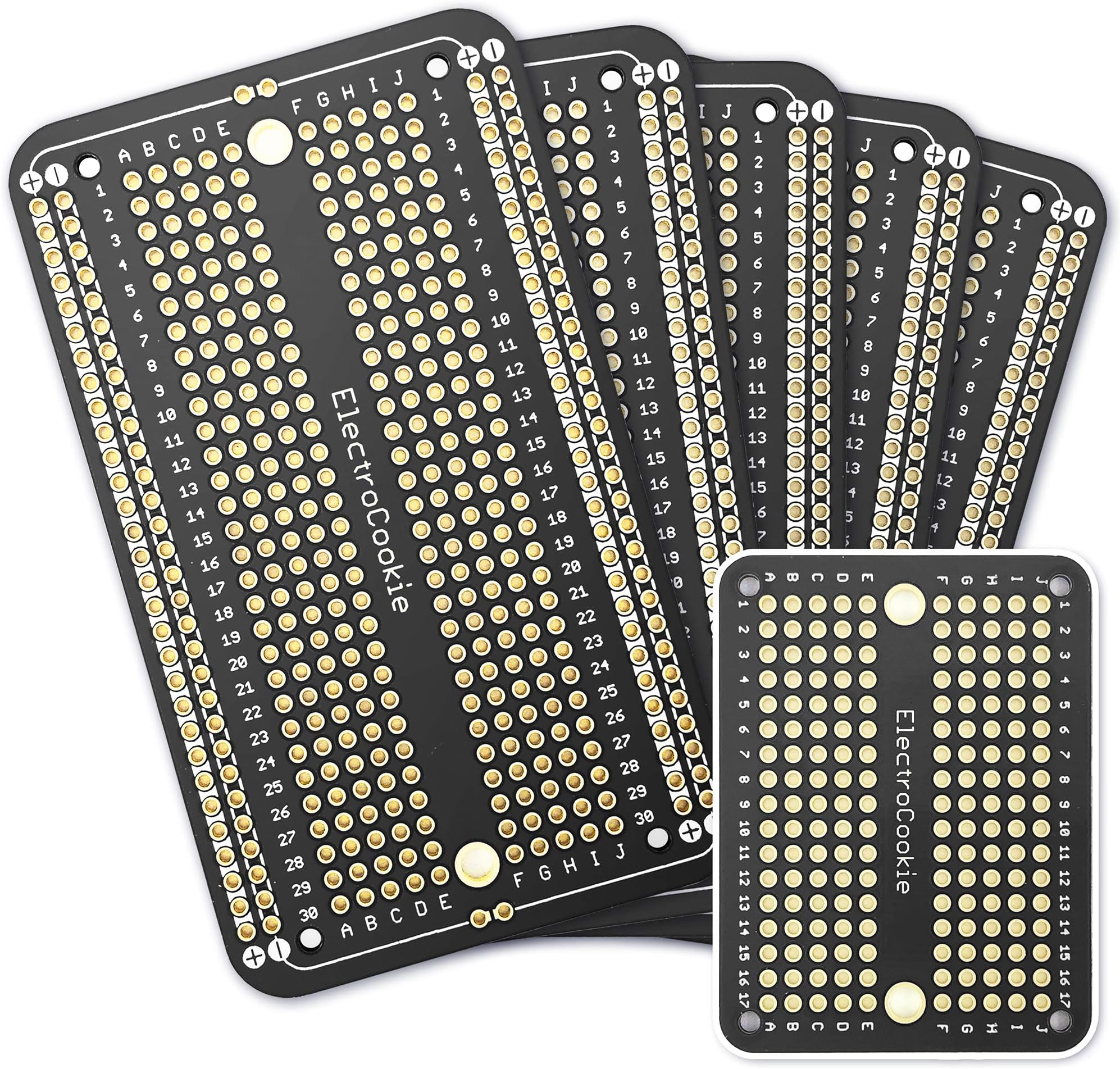 ElectroCookie PCB prototype bread cutting board for Arduino and DIY electronic projects, gold plated (5 packs + 1 mini board, matte black)