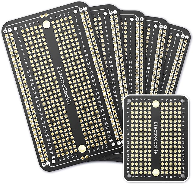ElectroCookie Prototype PCB Solderable Breadboard for Electronics Projects Compatible for DIY Arduino Soldering Projects, Gold-Plated (5 Pack + 1 Mini Board, Matte Black)