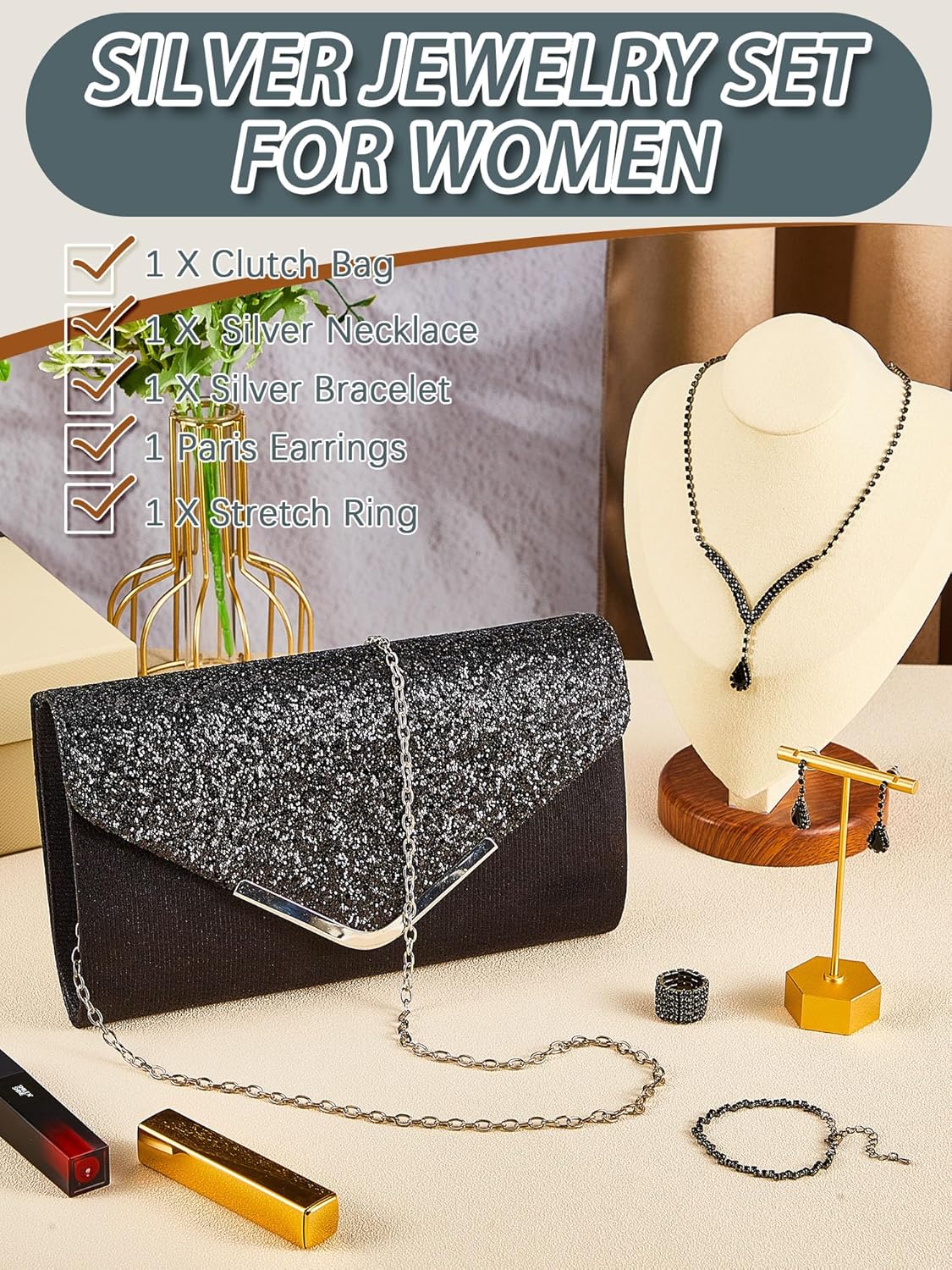 Henoyso 5 Pcs Purse Rhinestone Jewelry Set Prom Jewelry Rhinestone Clutch Purse Bride Necklace Earrings Bracelets for Women - Image 4