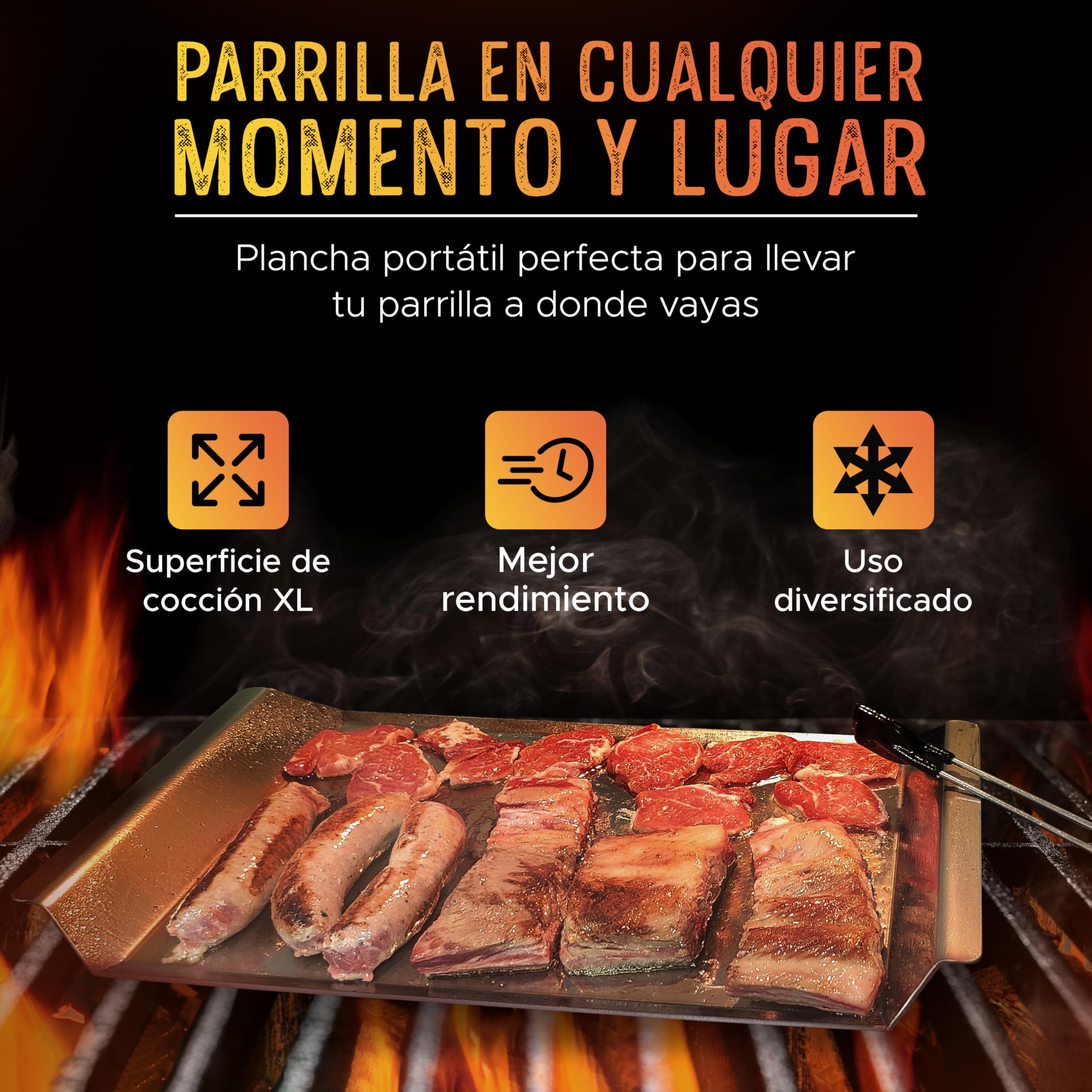 Plancha para barbacoa, plancha acero inoxidable barbacoa, Maciza, Accesorio ideal para Asar Carne, Pescado, Verduras, etc.. apta para Leña, Carbon o Gas.