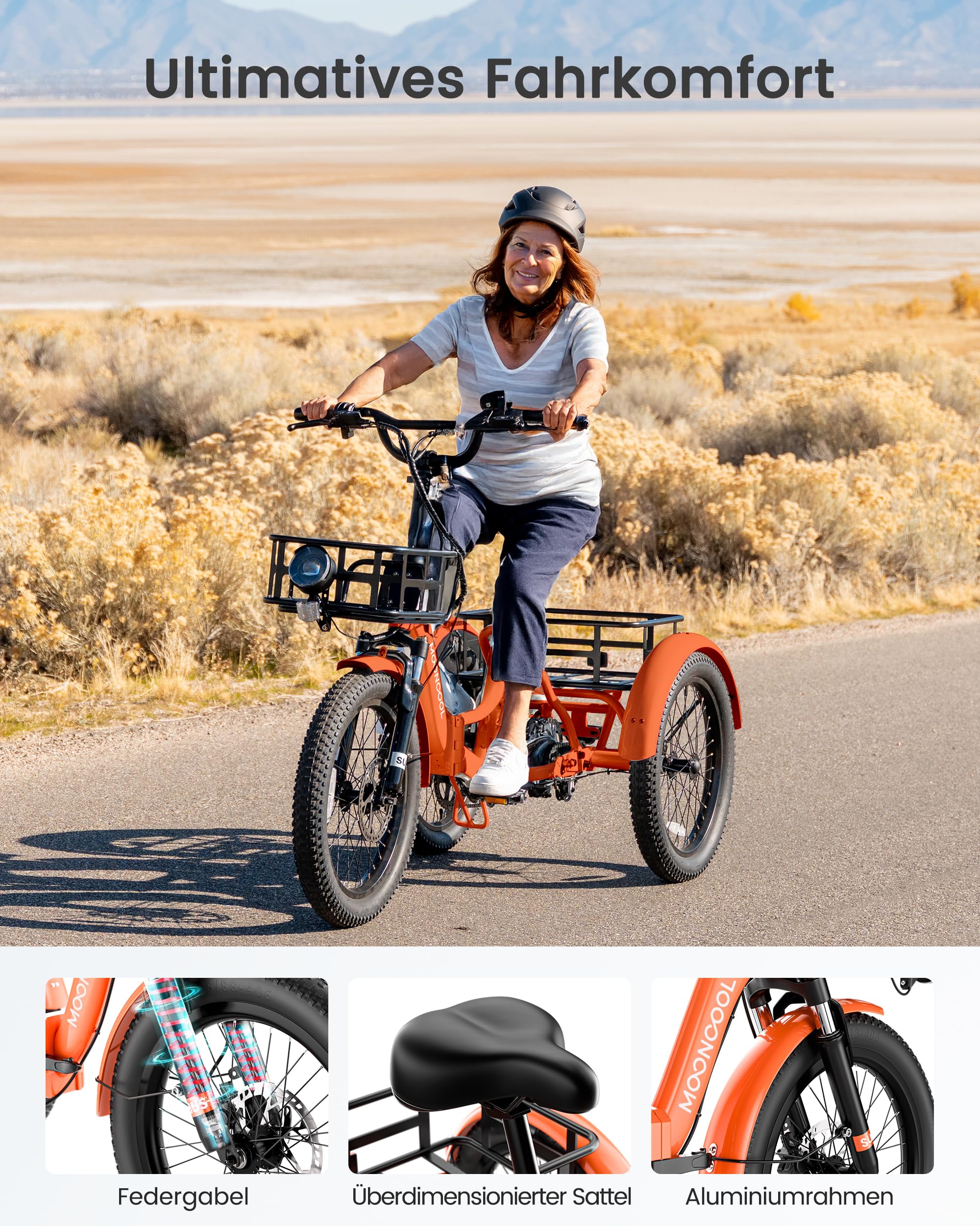 MOONCOOL E Bike Klapprad, 20" Elektrofahrräder für Herren Damen, 36V 20AH Akku, 250W Motor 45 Nm, LCD-Display, IP65 Wasserdicht, 3 Fahrmodi, mit Großen Körben & Fußstützen