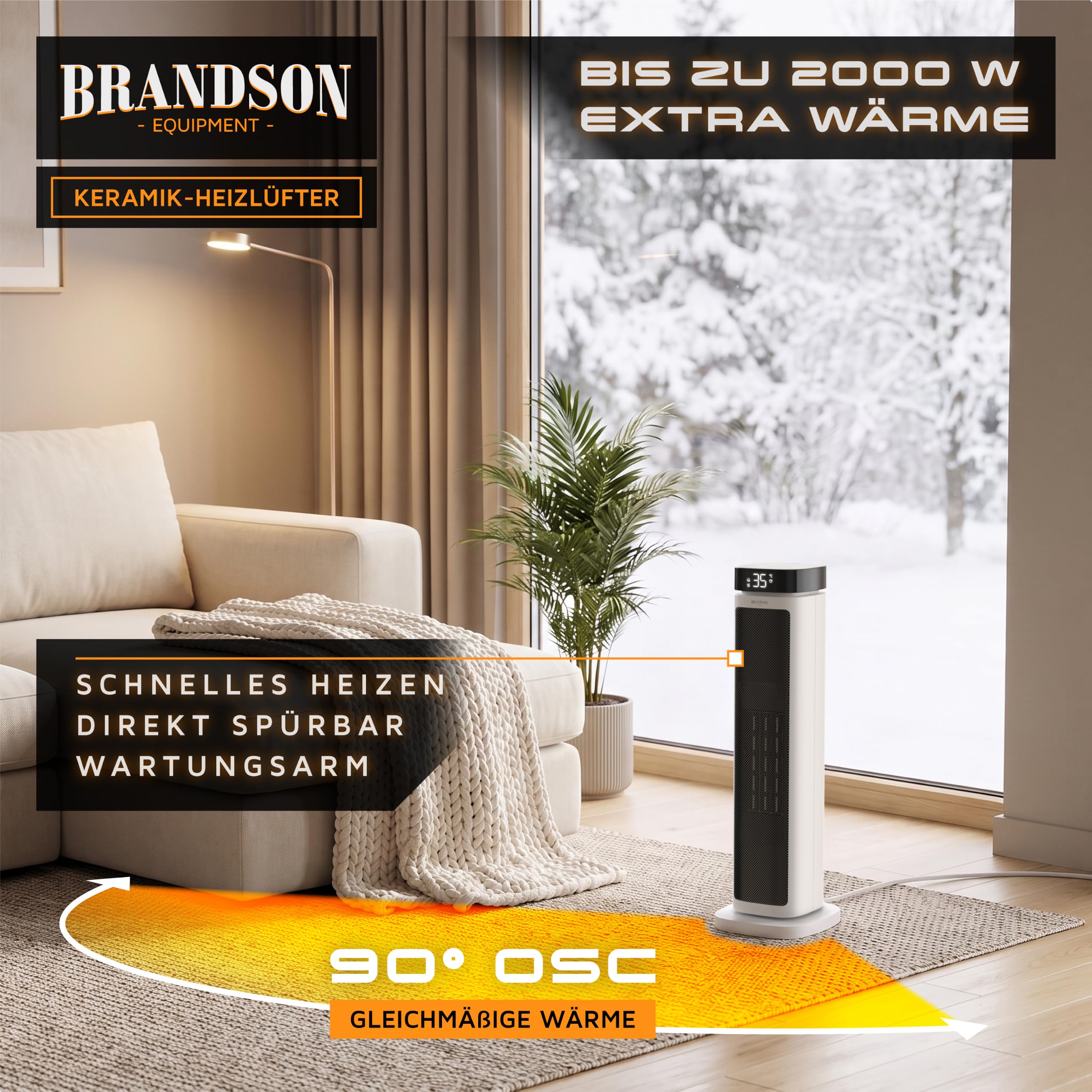 Brandson - Heizlüfter mit Fernbedienung - energiesparend ECO Modus – 2000 Watt Heater - mit Oszillation - 2 Heizstufen - Überhitzungs- und Umkippschutz - Badezimmer Schlafzimmer Baby Kinderzimmer