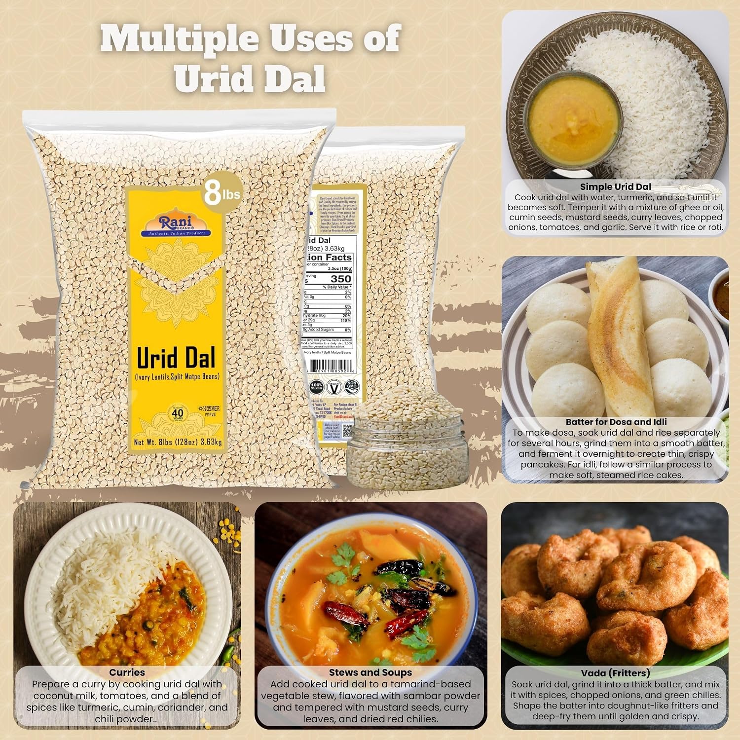 Rani Urid/Urad Gota White (Matpe Beans Skinless) Indian Lentils 128oz (8lbs) 3.63kg Bulk ~ All Natural | Gluten Friendly | Non-GMO | Kosher | Vegan | Indian Origin