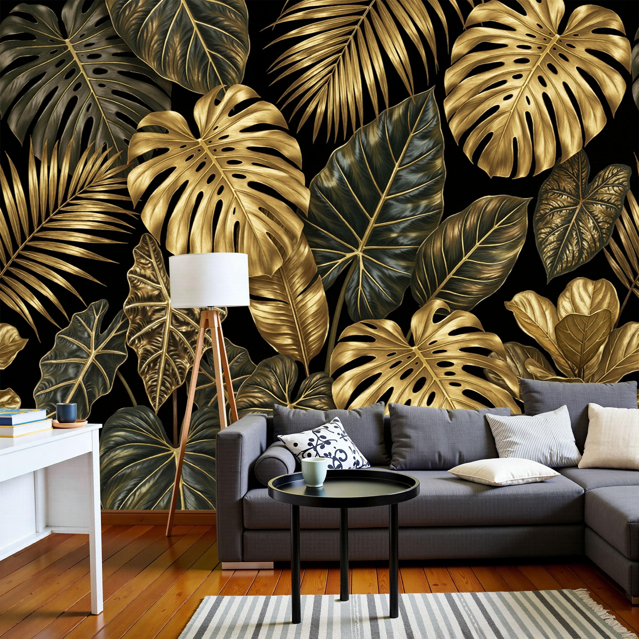 Papier peint tropical or noir évocation nature pour salon d'architecte