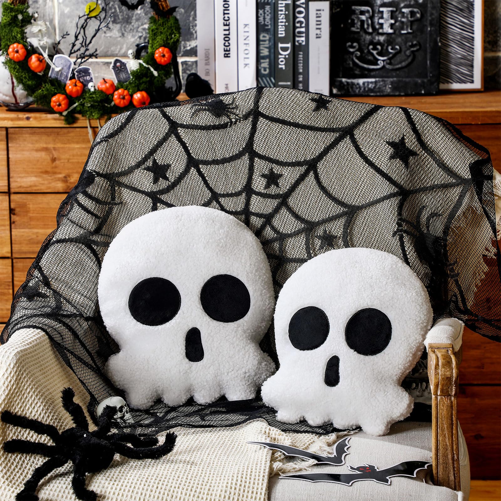 Wonderjune 2 Pcs Skull Skeleton Pillows Decorative Skull Throw Pillows for Sofa Bed Couch Stuffed Gothic Party Outdoor Home Decorations Christmas Halloween Skeleton Decor Cushion (14 Inch and 12 Inch)