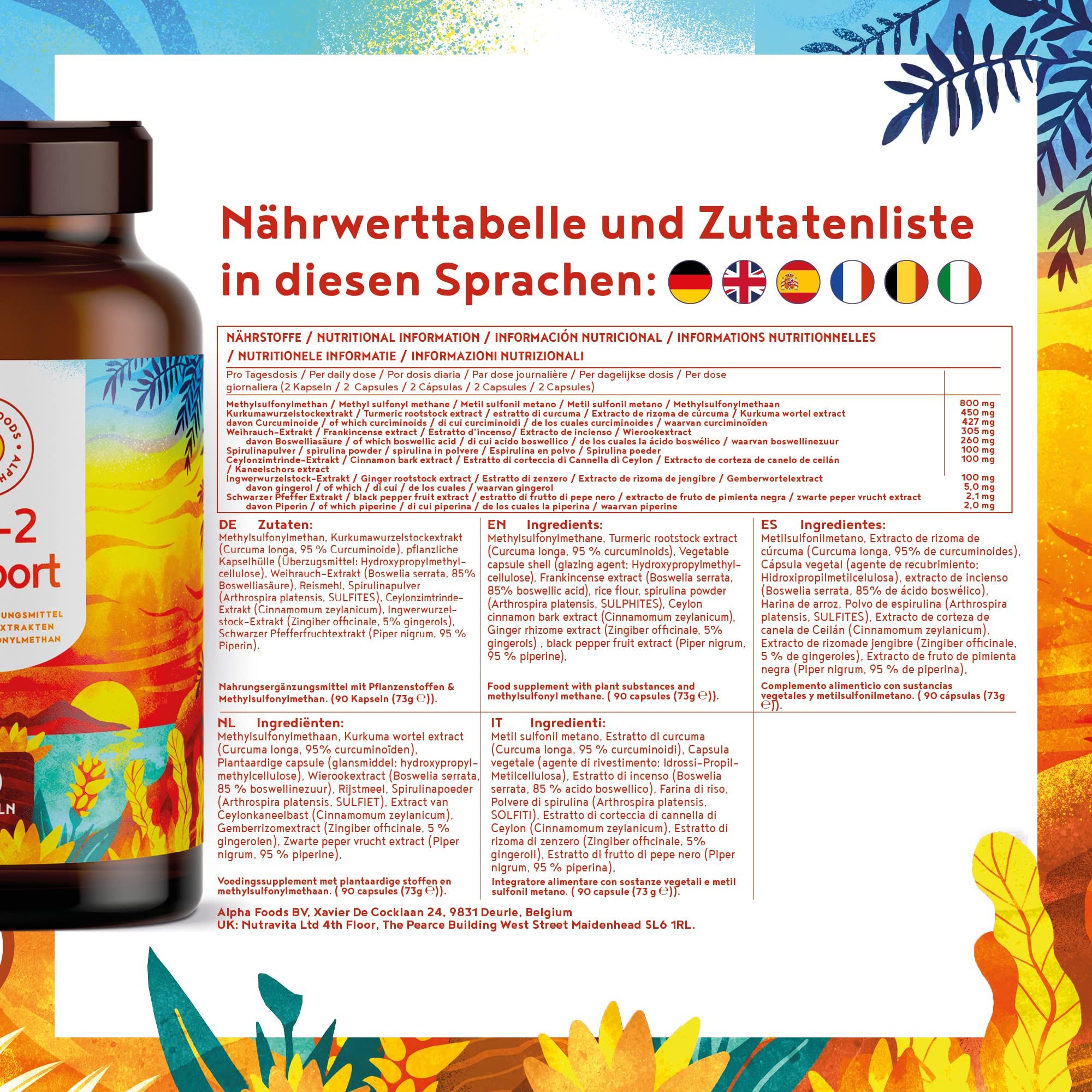Alpha Foods Kurkuma Extrakt + MSM (Schwefel) - 90 Kapseln - 95% Curcumin Anteil des Kurkumaextrakts - mit Spirulina, Weihrauch, Zimt, Ingwer und Pfeffer Extrakt - synergetische Wirkstoffe