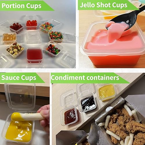 Miniatura 8 de RIKICACA Recipientes de 4 onzas y 2 onzas con tapas (paquete de 200), pequeños recipientes de plástico para condimentos con tapas, vasos de