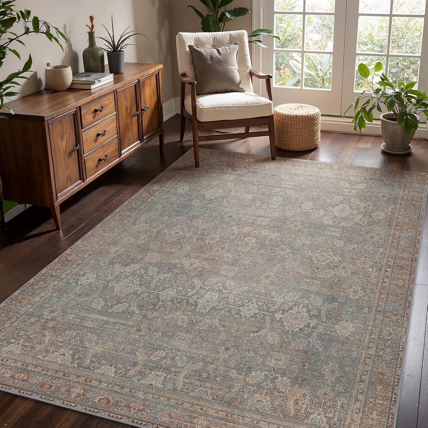9x12 Area Rug Machine Washable Boho Rug for Living Room,Ultra-Thin Low Pile Carpet,Lightweight Indoor Printed Rug,Non Slip Floral Area Rug for Bedroom, Dining Room, Home Office,Grayish Blue