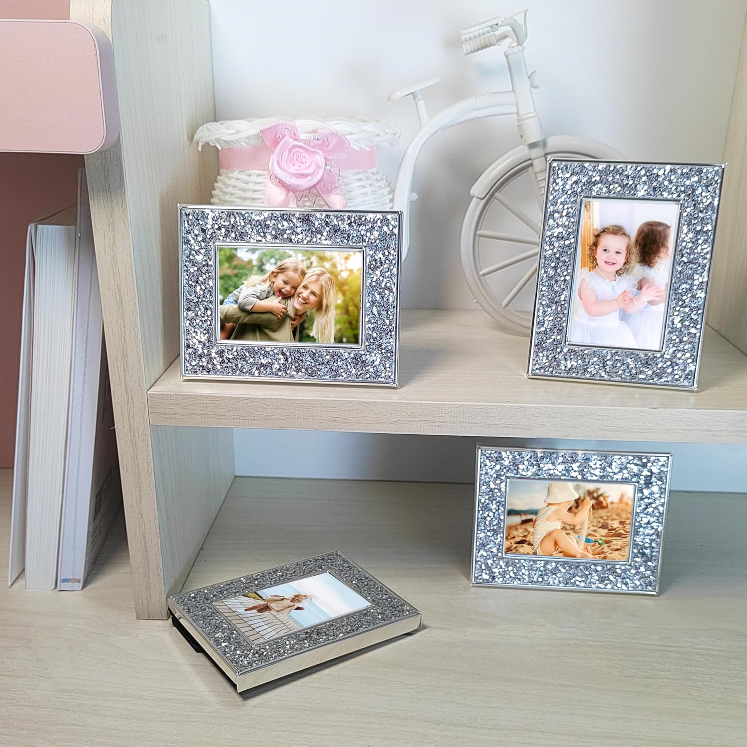 2x3 Picture Frames, Small Real Glass Frame, Glitter Mini Photo Frames for Tabletop, Classy Home Décor & Gift (Silver, 4 Pack)