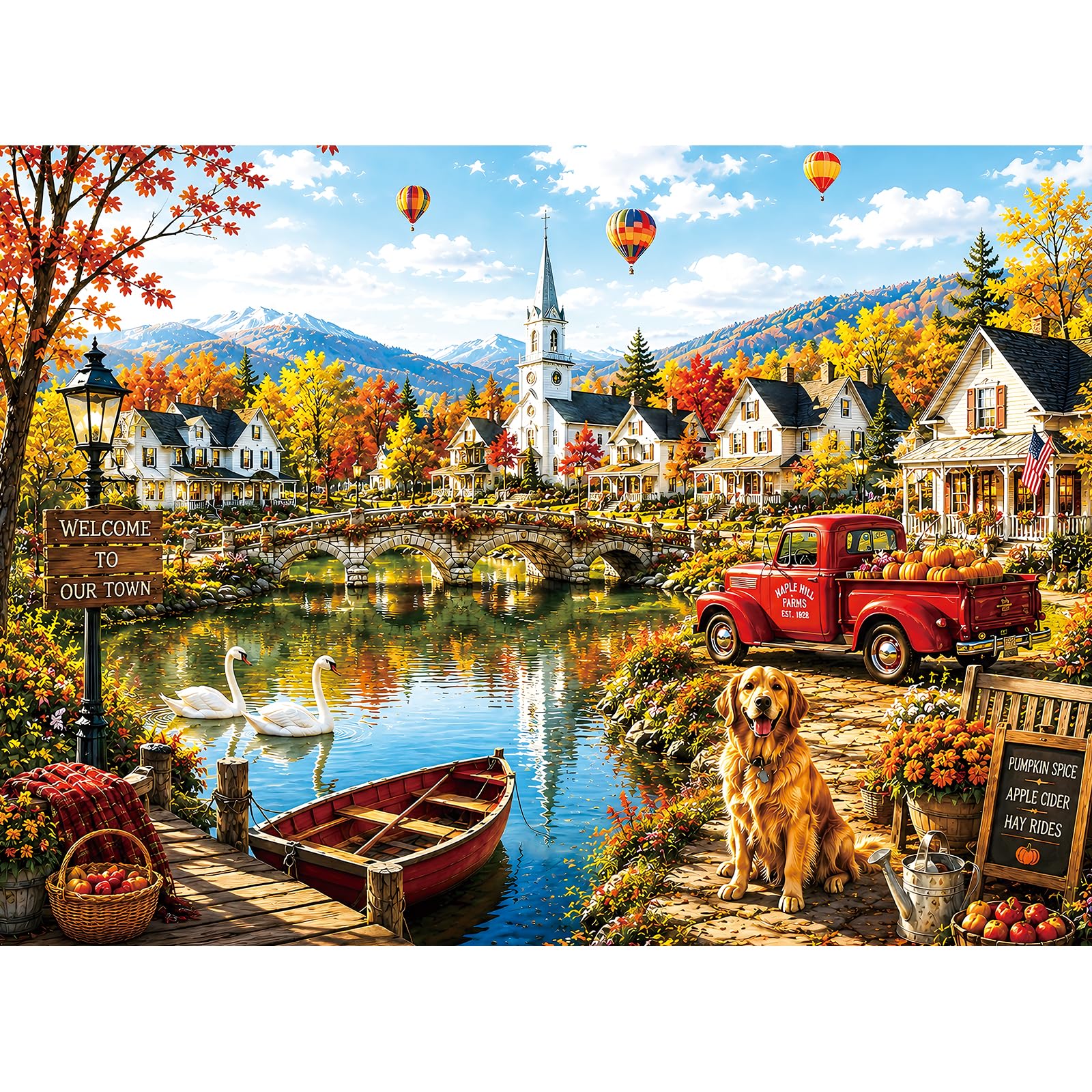 300 Piece Jigsaw Puzzle for Kids & Adults - European Village Puzzle with Lake, Colorful Houses, Bridge & Autumn Landscape, for Boys Girls Ages 8+, 20.5 x 15 in