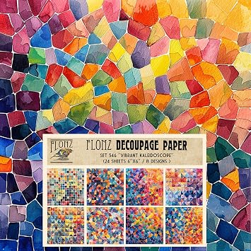 Decoupage Paper Pack 24 Sheets 6"x6" Vibrant Kaleidoscope Radiant Watercolor Mosaic Patterns in a Spectrum of Colorful Abstract Designs # Vintage Styled Paper for Craft and Scrapbooking