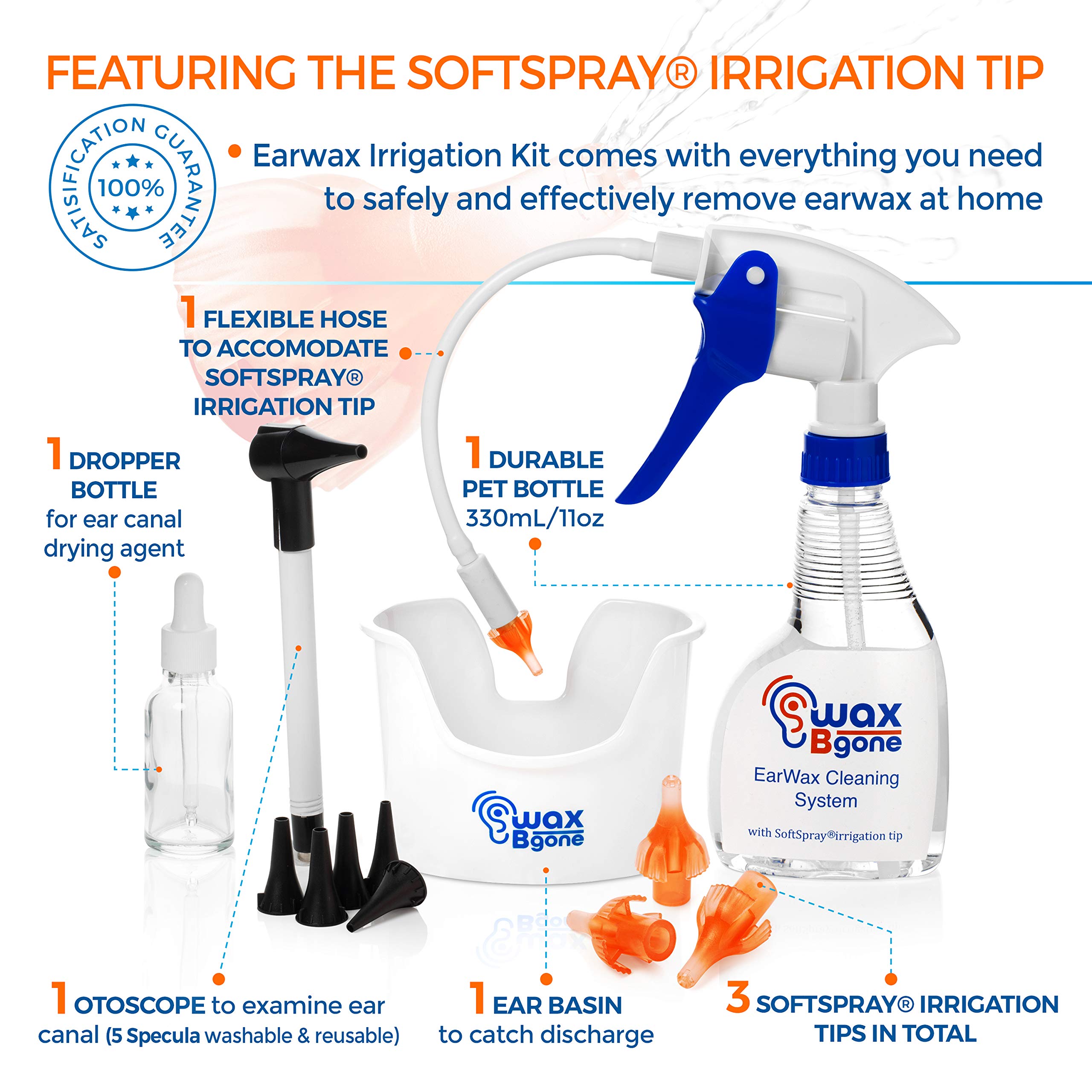 WaxBgone Ear Wax Removal Kit with SoftSpray Ear Irrigation Tips for