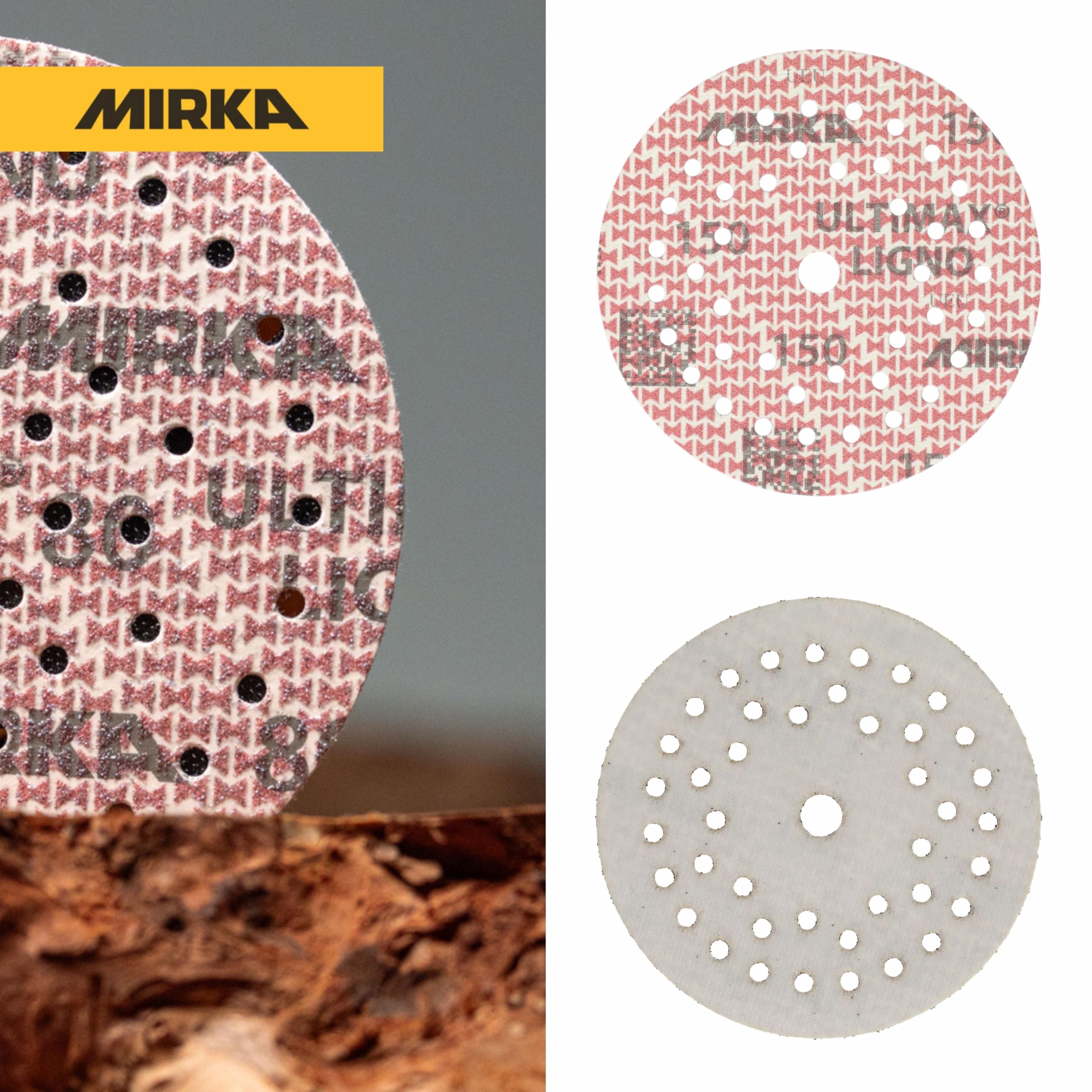 Mirka abrasive sheets Ultimax Ligno 125 mm rzep Multifit | Tarcze szlifierskie Mirka Ultimax Ligno 125 mm z ziarnem 150 do drewna wielootworowe rzep Multifit 100 sztuk