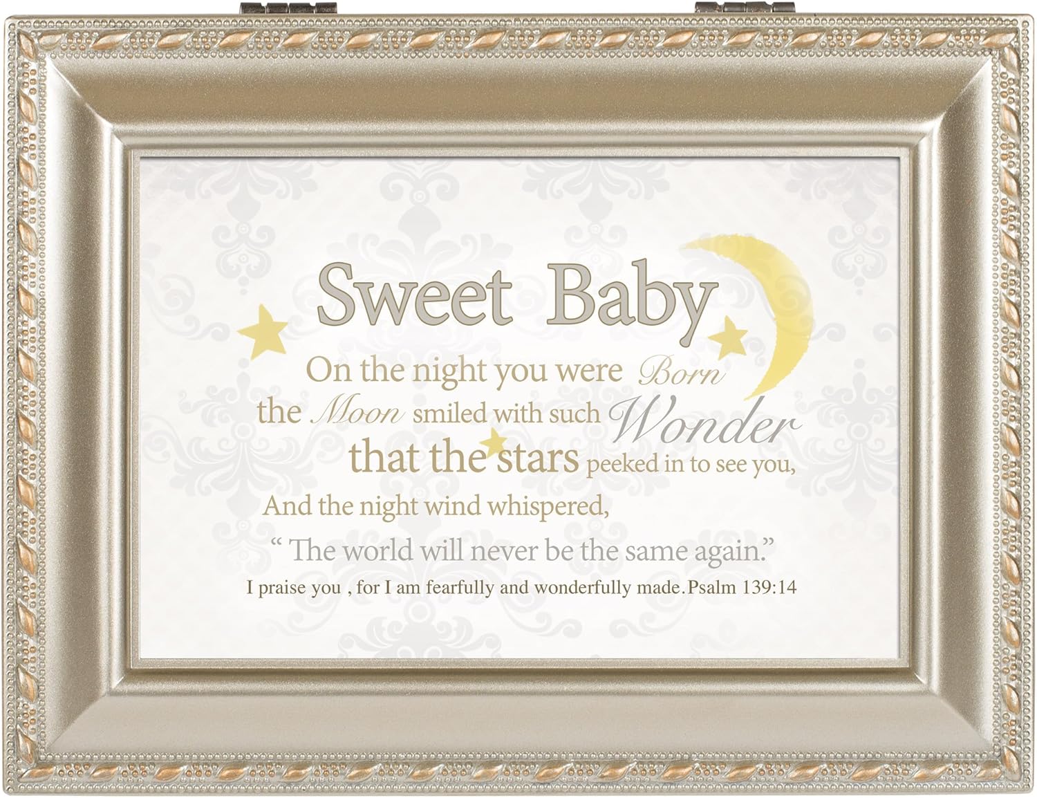 Cottage Garden Sweet Baby Wonderfully Made Champagne Silver Finish Jewelry Music Box Plays Jesus Loves Me