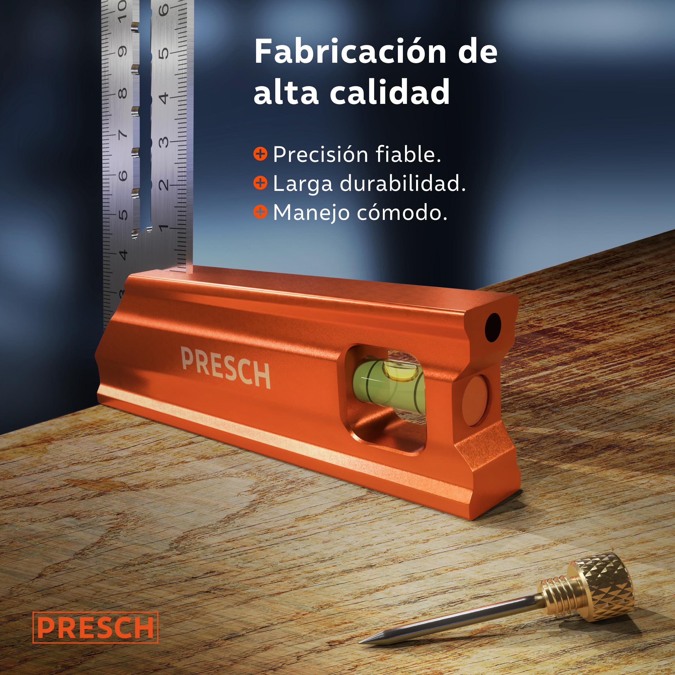 Presch Escuadra de carpintero 200mm - Pequeño - Incluye regla de trazado (20cm), nivel de burbuja y punzón de marcado - 90° y 45° - Regla Carpintero, Escuadra albañil, Escuadra con tope