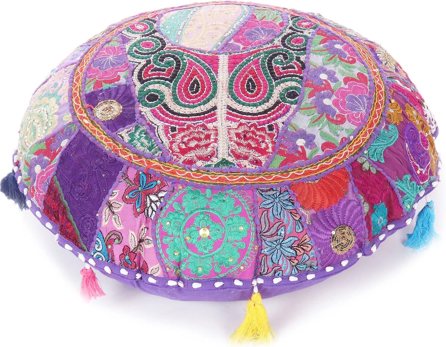 Eyes of India Round Floor Seating Meditation Patchwork Pillow Cushion Cover Colourful Decorative Throw Indian Bohemian Accent Boho Chic Handmade Cover Only (Light Brown, 22" x 22")