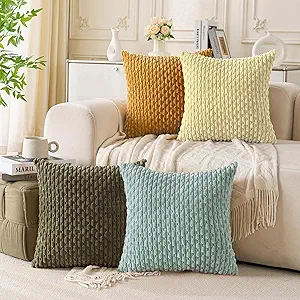 Set of 4 Yellow Olive Aqua Decorative Throw Pillow Covers 20x20 Inch Corduroy Pillow Covers for Bed Couch Sofa Living Room Soft Square Cushion Cases