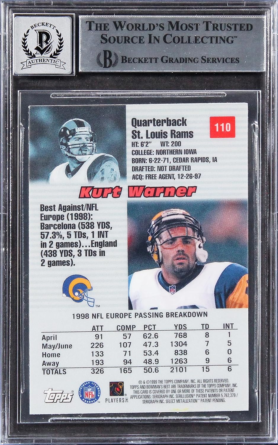 Rams Kurt Warner HOF 17 Signed 1999 Bowman's Best #110 RC Card Auto 10! BAS Slab