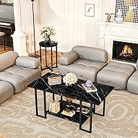 Vista 5 de Lamerge 3 Pieces Living Room Table Set, Faux Marble Coffee Table with 2 Round End Side Tables, Coffee Table Set with Metal Frame for Apartment Home