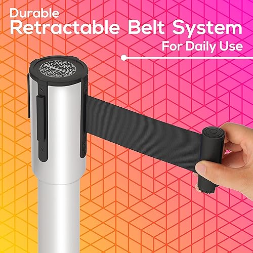 Miniatura 3 de DuraSteel Barreras de cinturón de puntal de control de multitudes  Puntos de acero inoxidable con cinturones retráctiles rojos de 6.5 pies  Soportes