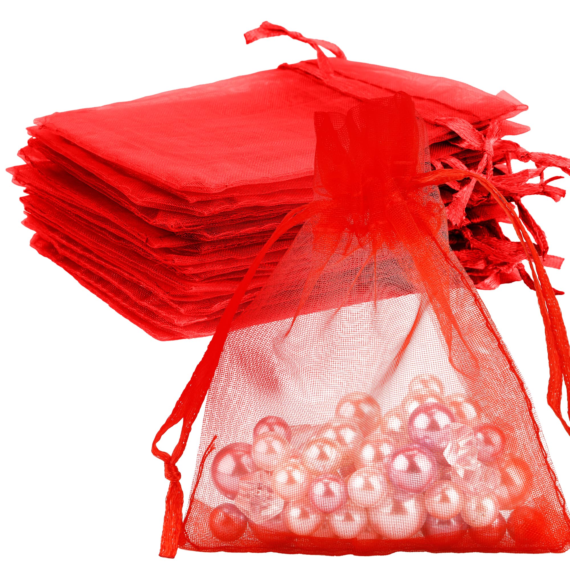 Red Organza Bags - 50 Pcs, Sheer 4 x 6 Inch, Jewelry &amp; Party Favor Bags with Drawstring, Mesh Gift Pouches for Wedding &amp; Valentine's Day
