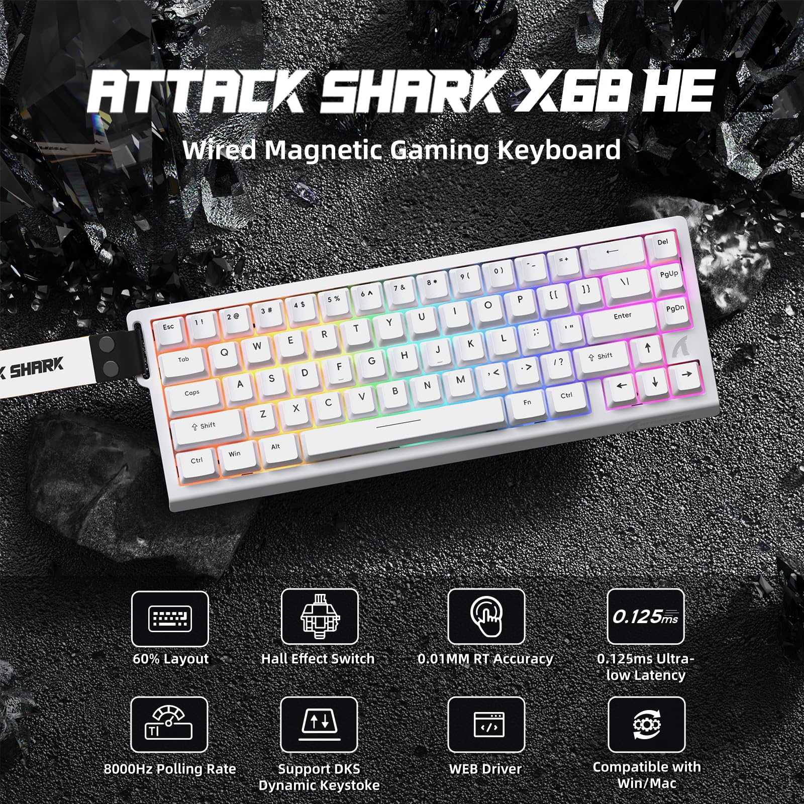 ATTACK SHARK X68 HE Przewodowa Klawiatura Magnetyczna z X3 Bezprzewodową Myszą Gamingową, 8KHz Szybkim Wyzwalaniem, 0.01mm Dokładność RT, 49g SUPERLIGHT, PAW3395, 26000 DPI – Biały