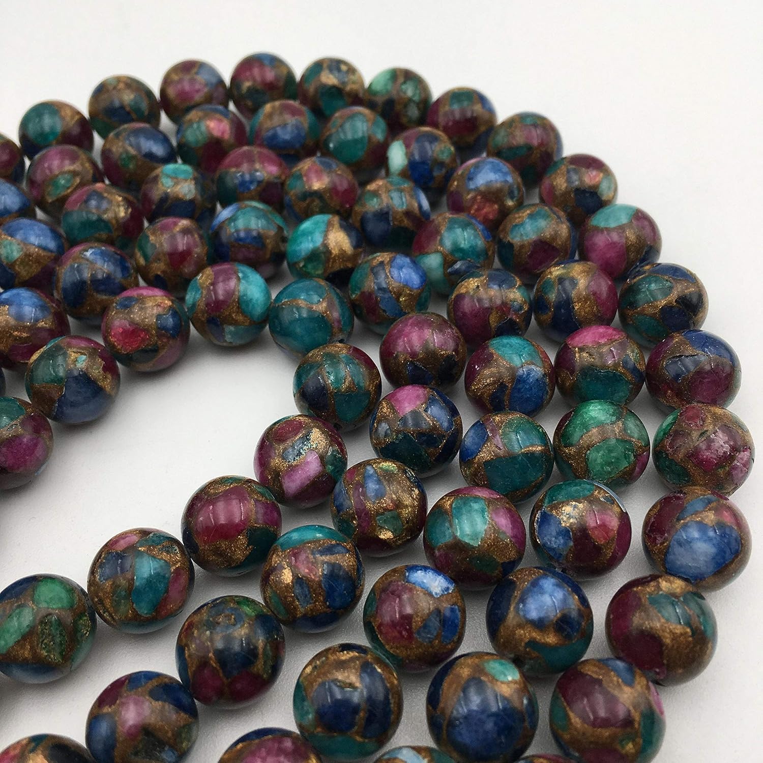 JM Design Multi-Color Mosaic Quartz Smooth Polished Round Loose Gemstone Beads 12mm 15.5" Strand for Jewelry Making, Arts and Craft