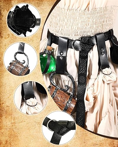 Vista 9 de Sweetude Cinturón renacentista medieval vikingo poción botellas de cuero cinturón bolsa falda senderismo 6 piezas