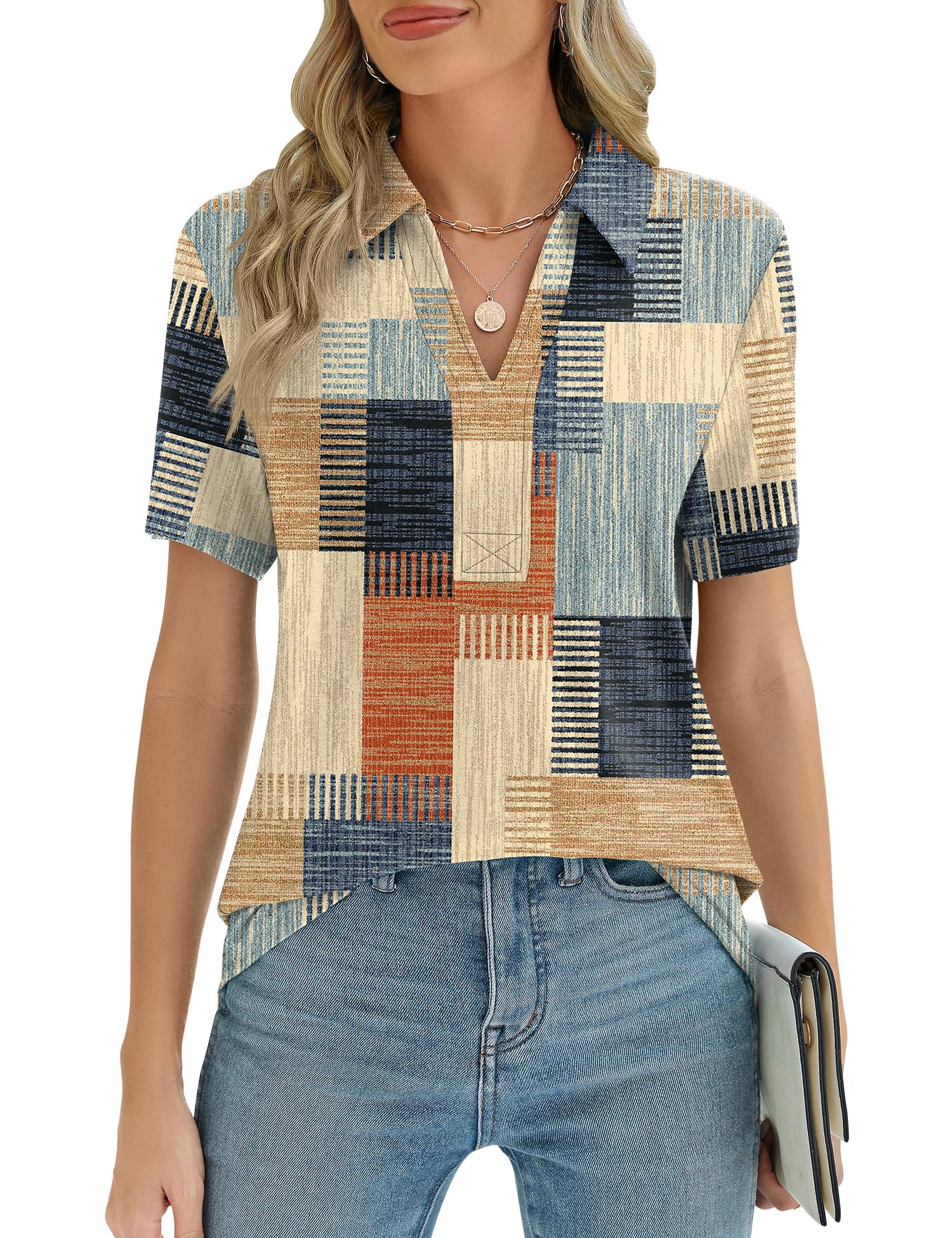 ZHENWEI Women's Short Sleeve V-Neck Polo Shirts Business Casual Work Collared Tops Dressy Johnny Collar Cute Blouses