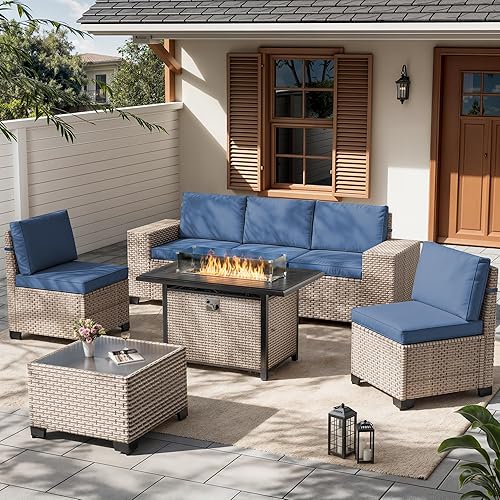 7 Pieces Patio Furniture Set with Fire Pit Table, Outdoor