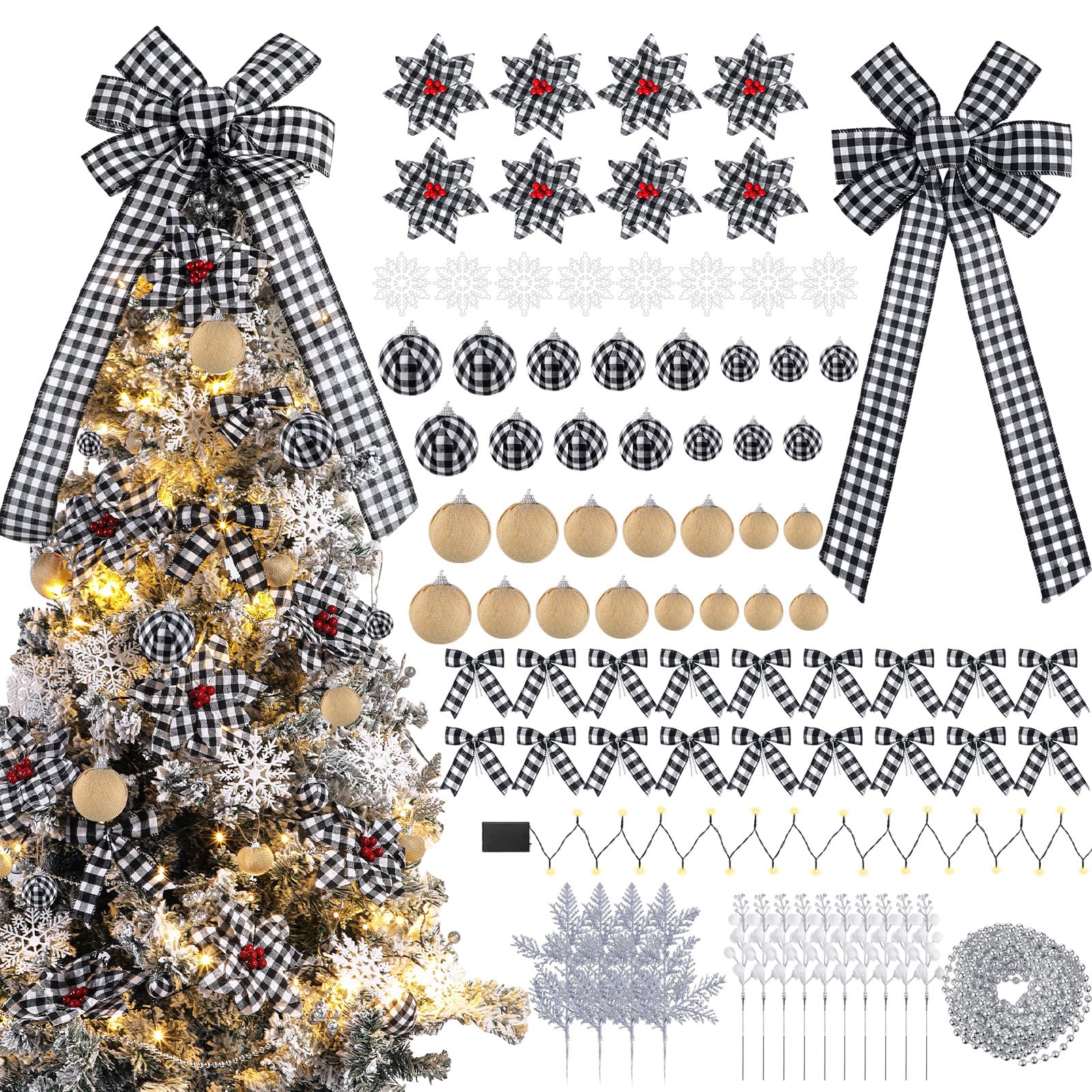 Lyrow Lot de 94 décorations de sapin de Noël à carreaux de buffle - Décorations de Noël - Fleurs poinsettia - Baies pour Noël, vacances, mariage (noir et blanc)
