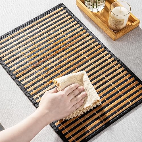 Miniatura 5 de LOVECASA Juego de 6 manteles individuales de bambú con patrón de hojas, manteles individuales tejidos de 18 x 12 pulgadas, manteles individuales