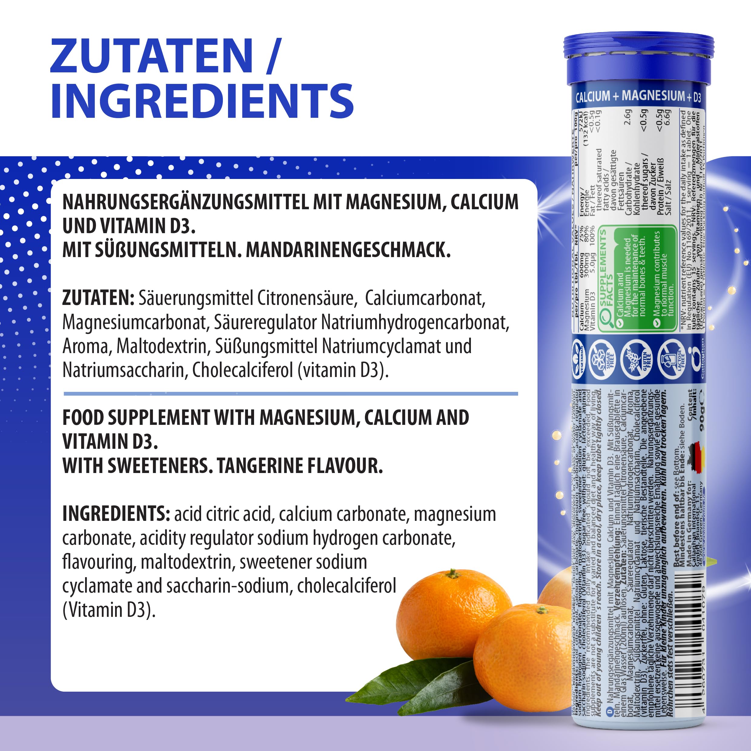 Calcium Magnesium D3 Brausetabletten I Geschmack Mandarine I 24x 15 Stück I Nahrungsergänzungsmittel zur Unterstützung von Knochen und Muskeln I für Vegetarier geeignet I Made in Germany