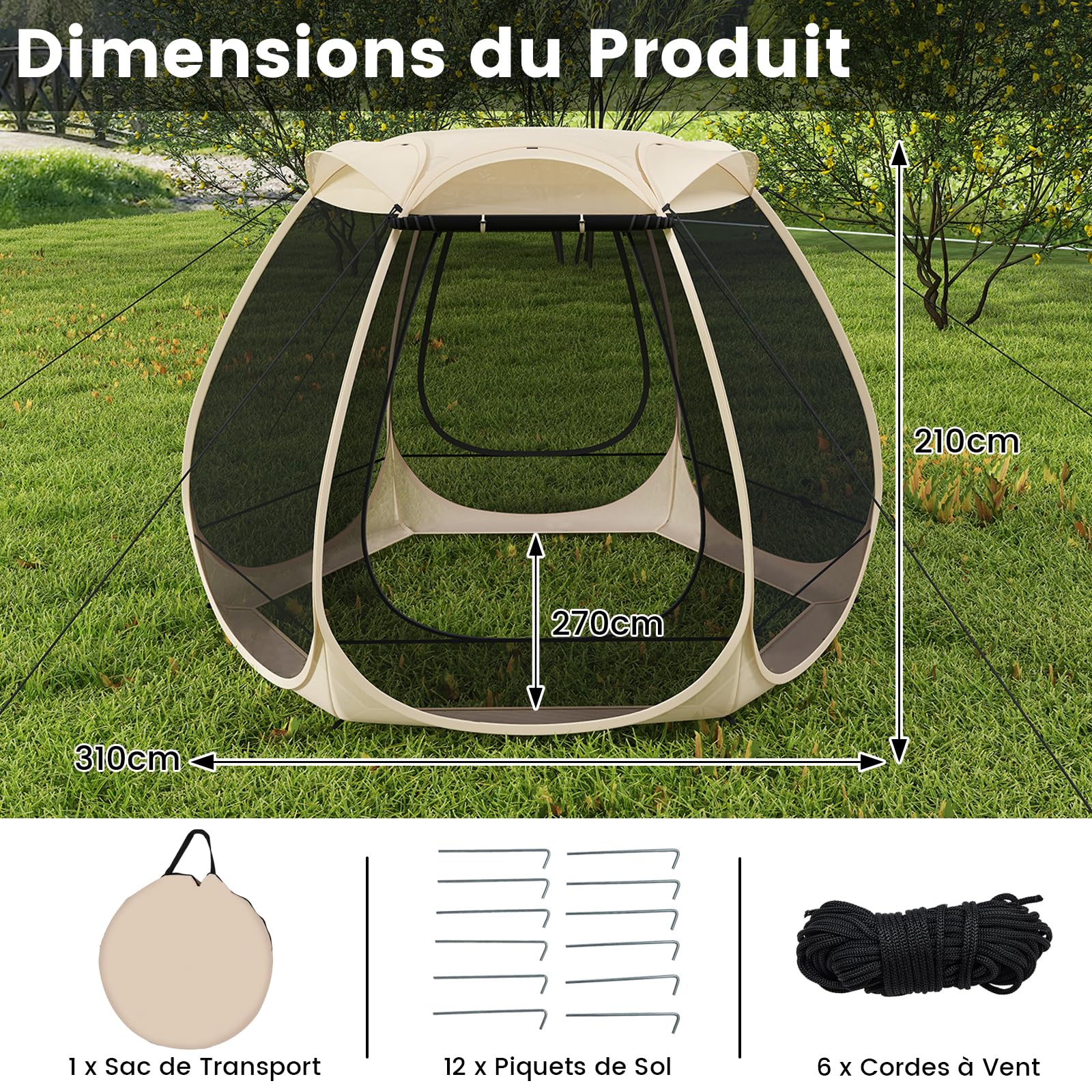GOPLUS Tente Bulle Pop-Up 312x269x210 CM pour 4-6 Personnes, Dôme Extérieur Transparent en Fibre de Verre avec Porte Enroulable et Piquets, Cordes Anti-Vent, pour Camping/Pique-niques/Sport