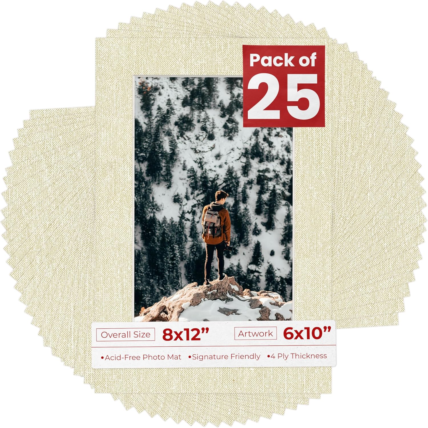 Poster Palooza Pack of 25 Acid Free 8x12 Mats Bevel Cut for 6x10 Photos - Fresh Linen Canvas Precut Matboards For Pictures, Photos, Framing - 4-ply Thickness