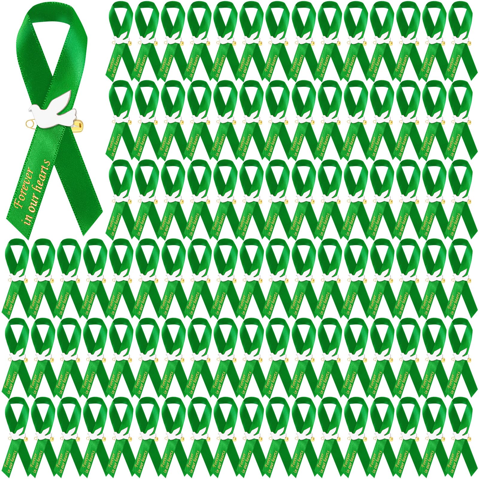 50 Pcs Dove Funeral Ribbons Memorial Ribbon Funeral Pins Classic Memorial Service Respect Ribbon Bow with Safety Pins and Dove for Mourning Remembrance Day Event (Green) — image 1