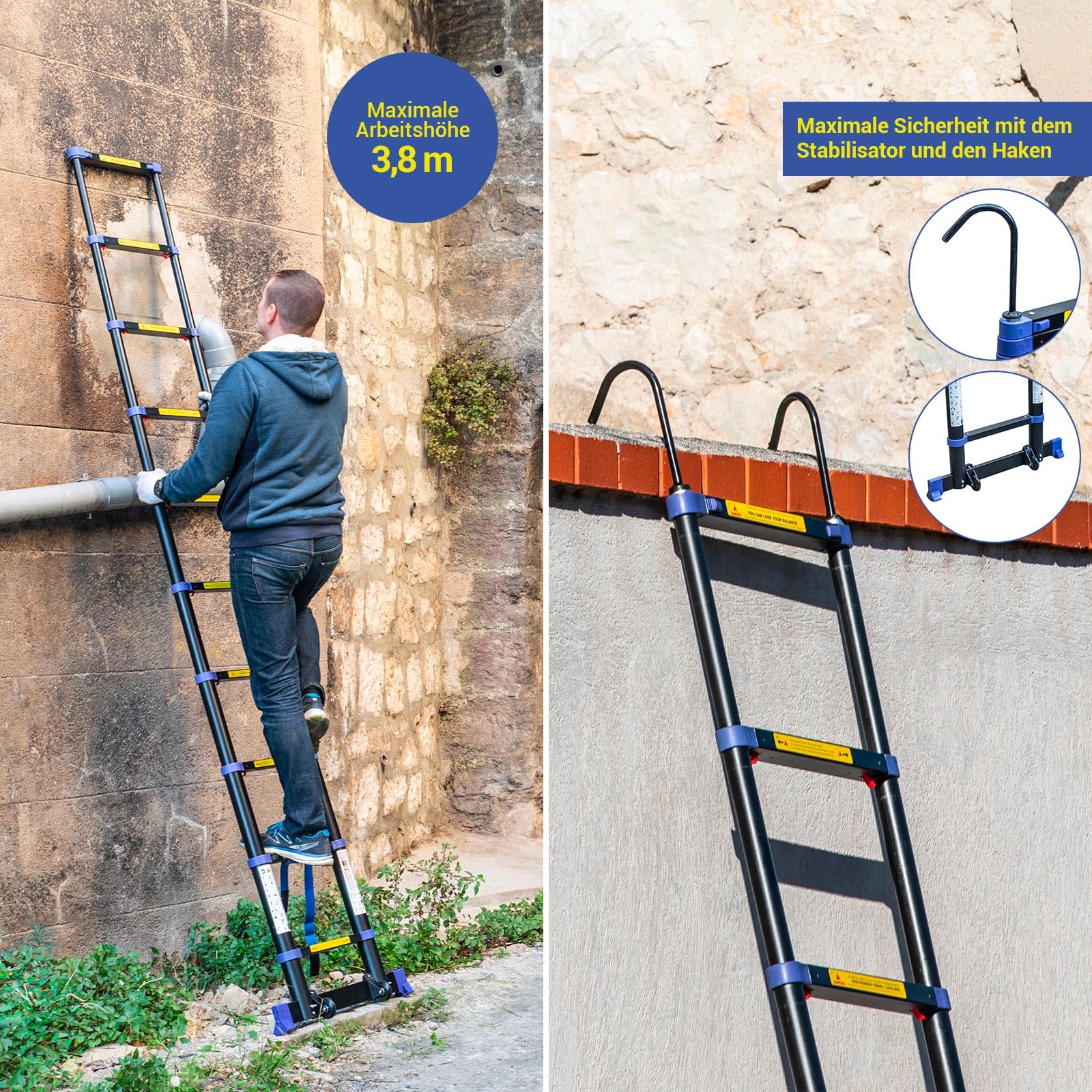 HOSTRÖM Teleskopleiter 2,9m Telescova9+, Aluminium, faltbar, ausziehbar, multifunktional, Arbeitshöhe max. 3,8 m, abnehmbare Haken, 5 Jahre Garantie