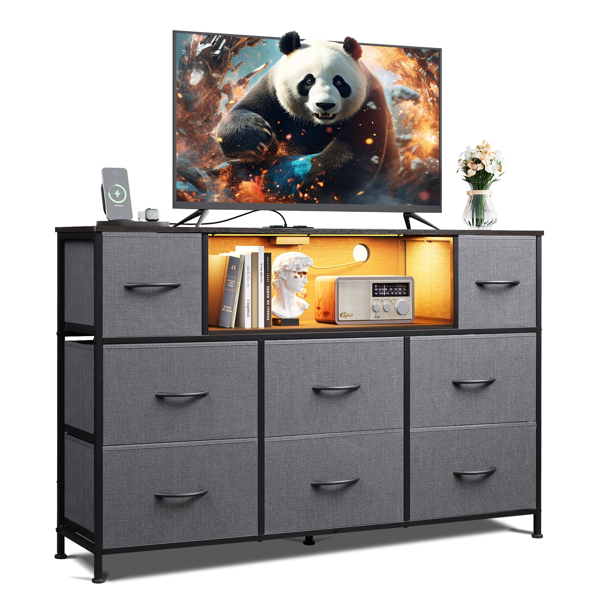 WLIVE Grey TV Stand for 45, 50, 55 inch TV, Entertainment Center with LED Lights & Charging Station, TV Media Console Table with 8 Fabric Drawers and Open Storage Shelves for Living Room, Hallway