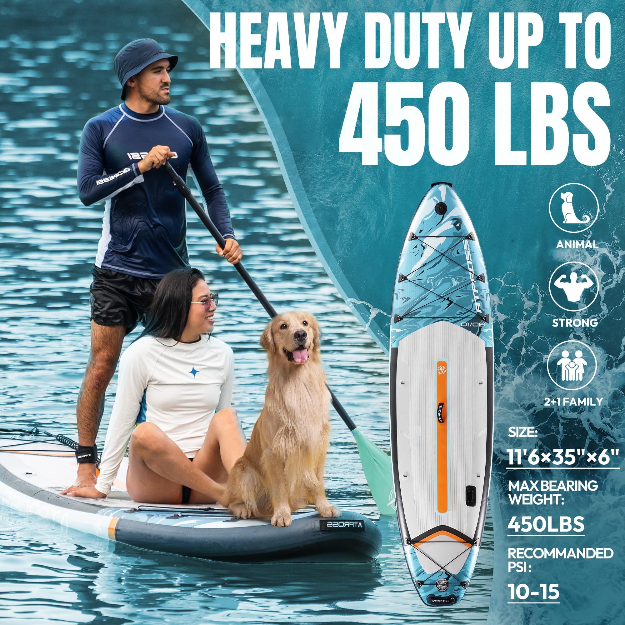 Aufblasbares SUP Board 350 x 89 x 15 cm, bis 240 kg Tragfähigkeit, extra breit für Erwachsene, rutschfeste Standfläche, inkl. Premium SUP Zubehörset & Rucksack,ideal für Yoga