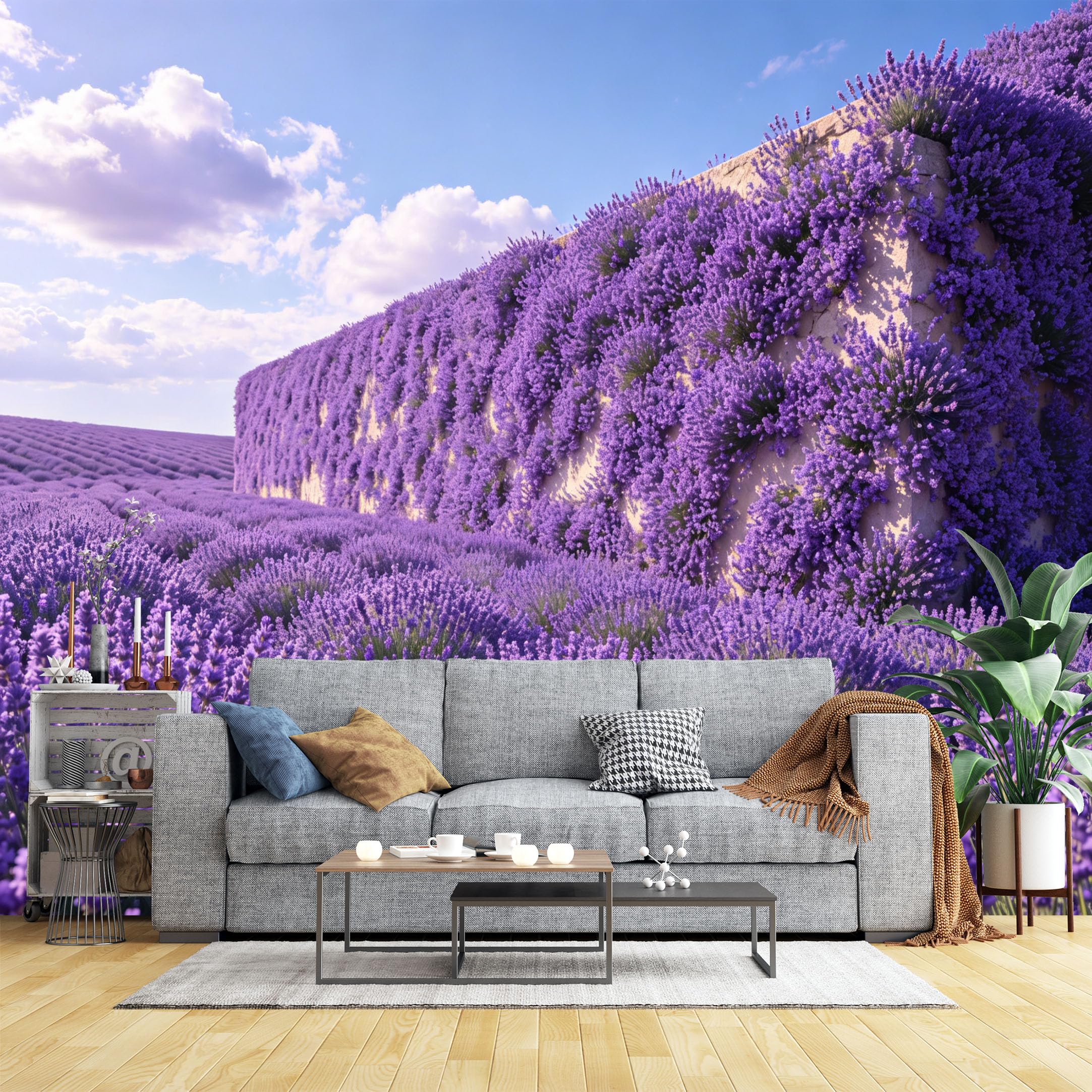 Custom Size Wall Murals Lavender Wall and Field Under Blue Sky Wall Murals Natural Scenery Wallpaper, HD Self-Adhesive Removable Wallpaper for Living Room