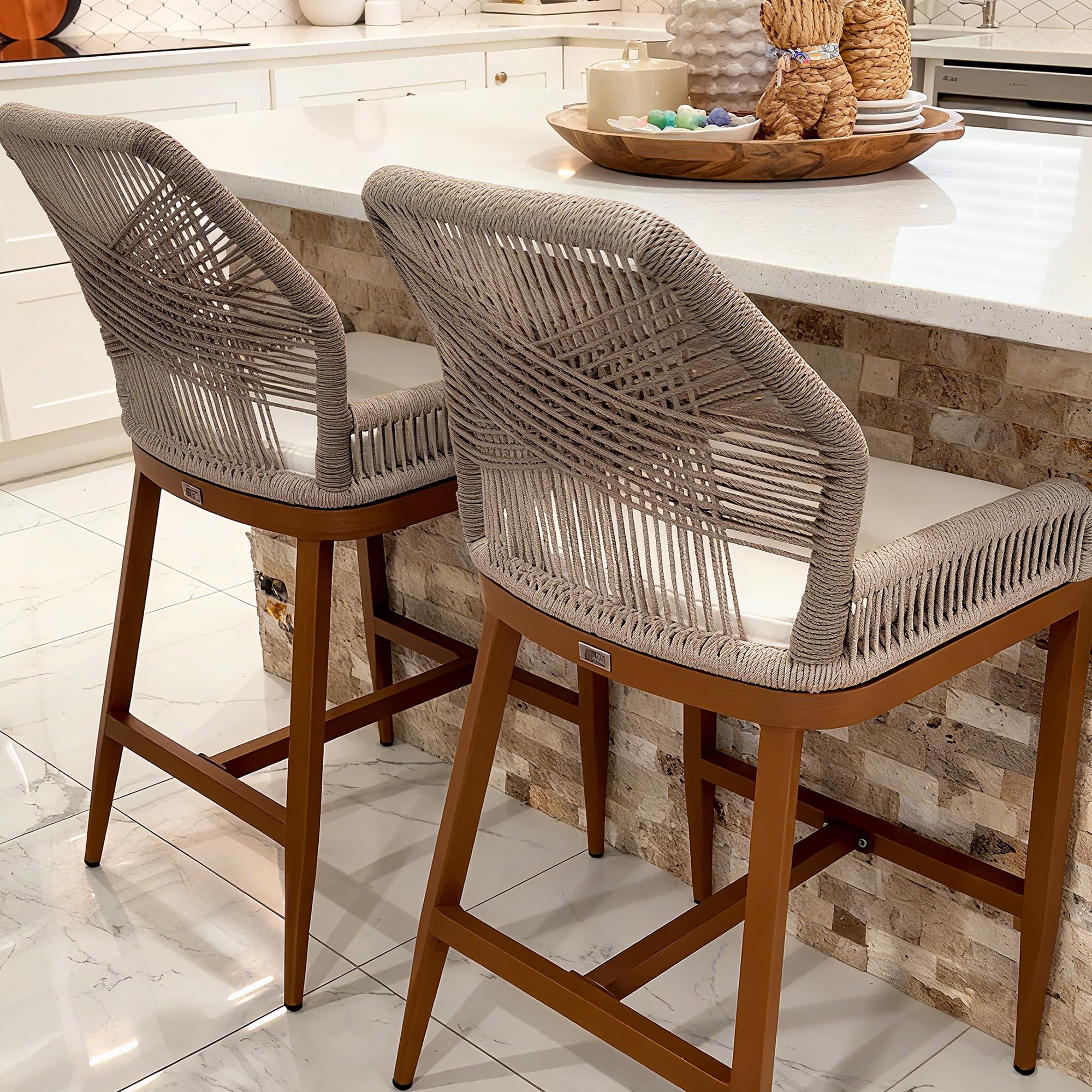 PURPLE LEAF Patio Sunbrella Counter Height Bar Stools 24" H Set of 2 Modern Rattan Bar Chairs Aluminum Stool Outdoor Wicker Barstools with Back and