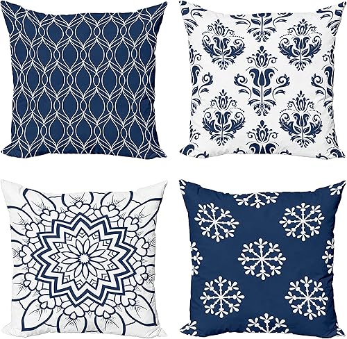 Ambesonne Juego de 4 fundas de cojín retro con diseño de enrejado, diseño floral medieval, damasco, mandala, adorno de flores en monocromo,