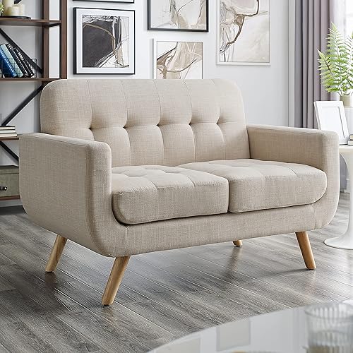 Rosevera Elena - Sillón contemporáneo con tapicería de lino, muebles de sala de estar, 2 asientos, beige